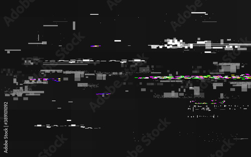 Glitch no signal. Abstract digital distortion. VHS noise backdrop with horizontal lines. Video error and color pixels. Glitch TV screen with overlay effect. Vector illustration