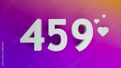 Number 459 in white on purple and orange gradient background, social media isolated number 3d render