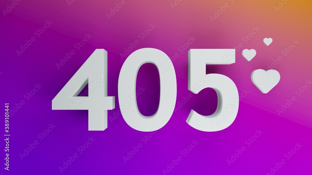 Number 405 in white on purple and orange gradient background, social media isolated number 3d render