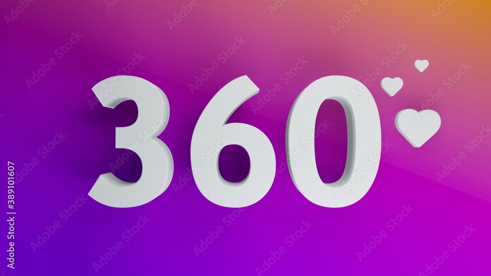 Number 360 in white on purple and orange gradient background, social media isolated number 3d render Number 360 in white on purple and orange gradient background, social media isolated number 3d render