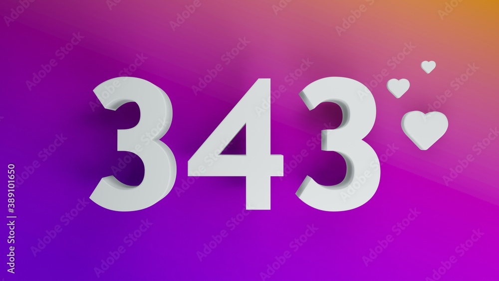 Number 343 in white on purple and orange gradient background, social media isolated number 3d render
