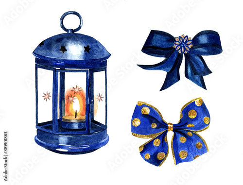 Watercolor set of blue Christmas decorations, lantern with a burning candle, Christmas tree bow for a fun filled holiday.