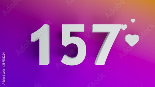 Number 157 in white on purple and orange gradient background, social media isolated number 3d render