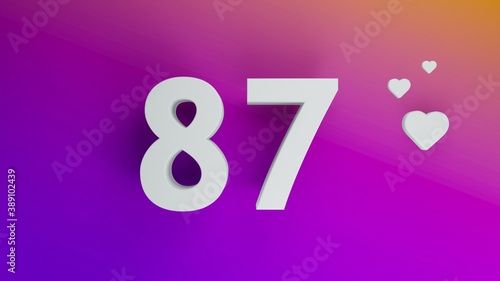 Number 87 in white on purple and orange gradient background, social media isolated number 3d render