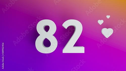 Number 82 in white on purple and orange gradient background, social media isolated number 3d render