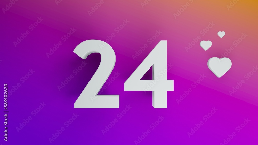 Number 24 in white on purple and orange gradient background, social media isolated number 3d render Number 24 in white on purple and orange gradient background, social media isolated number 3d render