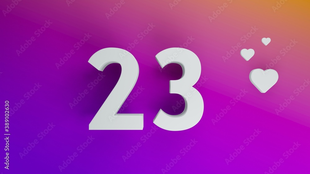 Number 23 in white on purple and orange gradient background, social media isolated number 3d render Number 23 in white on purple and orange gradient background, social media isolated number 3d render
