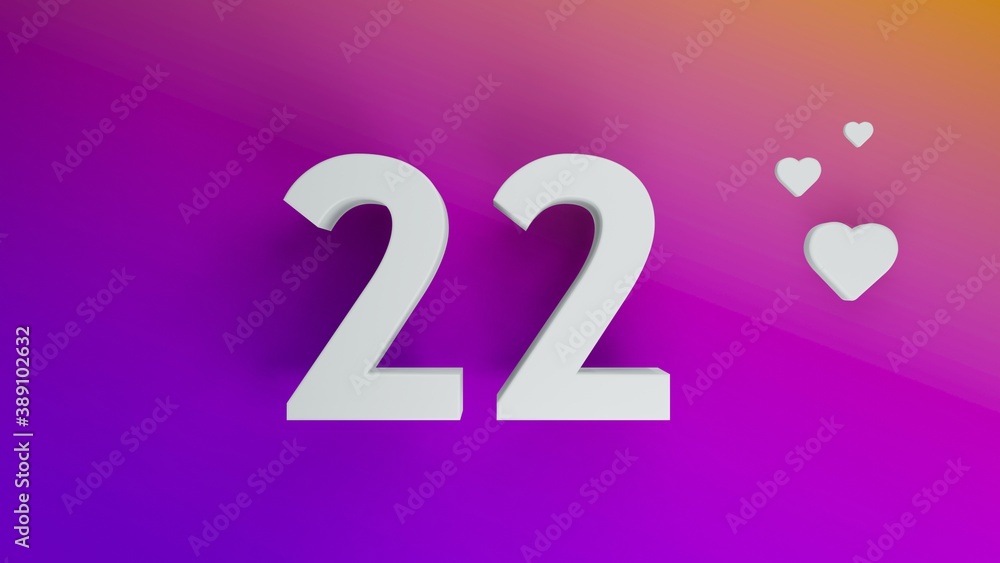 Number 22 in white on purple and orange gradient background, social media isolated number 3d render Number 22 in white on purple and orange gradient background, social media isolated number 3d render