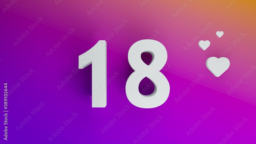Number 18 in white on purple and orange gradient background, social media isolated number 3d render Number 18 in white on purple and orange gradient background, social media isolated number 3d render