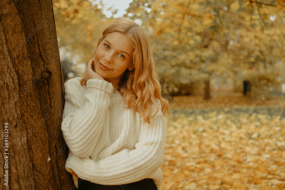 Woman in the autumn park. Girl teenager on a background of autumn leaves. Fashion photo of a model in a white warm sweater. Blonde looking at the camera Woman in the autumn park. Girl teenager on a background of autumn leaves. Fashion photo of a model in a white warm sweater. Blonde looking at the camera