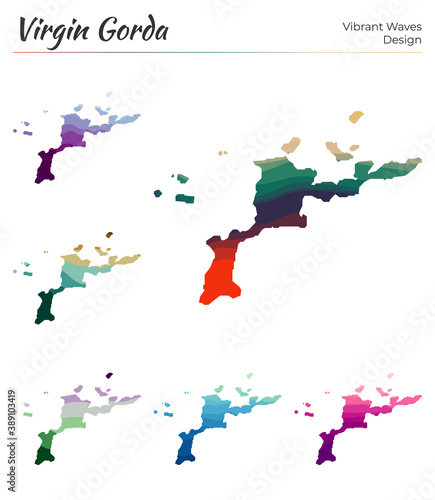 Set of vector maps of Virgin Gorda. Vibrant waves design. Bright map of island in geometric smooth curves style. Multicolored Virgin Gorda map for your design. Appealing vector illustration.