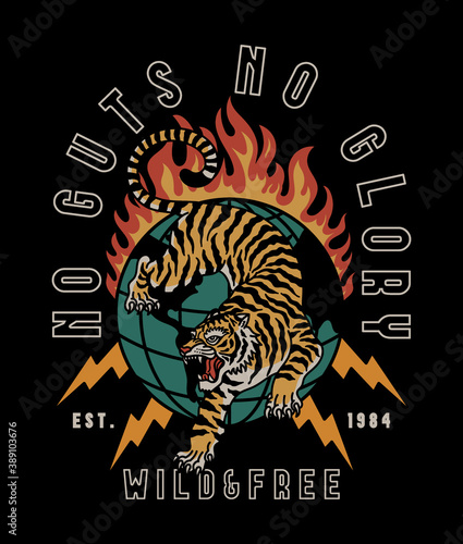 Wild Tiger on Globe with Lightning Illustration with No Guts No Glory Slogans Vector Artwork on Black Background for Apparel and Other Uses