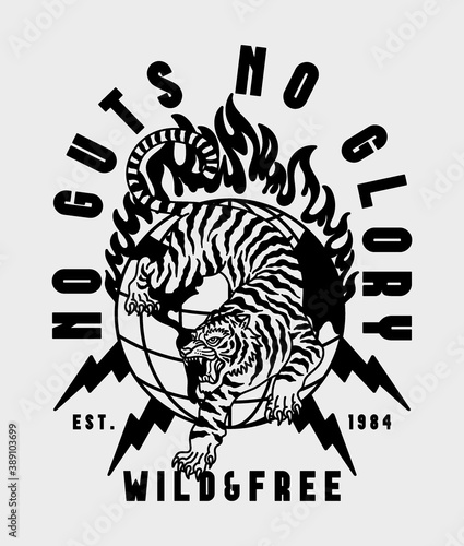 B&W Wild Tiger on Globe with Lightning Illustration with No Guts No Glory Slogans Vector Artwork on White Background for Apparel and Other Uses