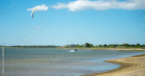 Kitesurfing on a flat water lagoon