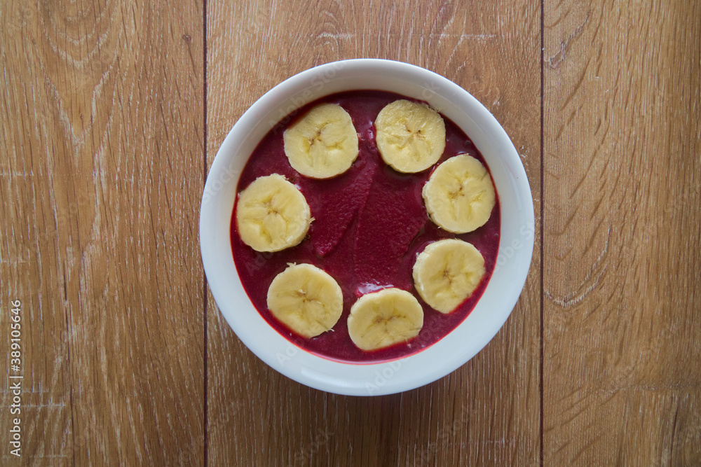 Top view of Brazilian açaí Bowl with bananas with copy space Top view of Brazilian açaí Bowl with bananas with copy space