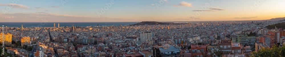 Barcelona - The panorama of the city with the at the sunset.
