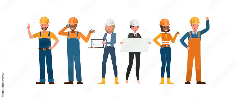 Set of Builder people working character vector design. Presentation in various action with emotions.