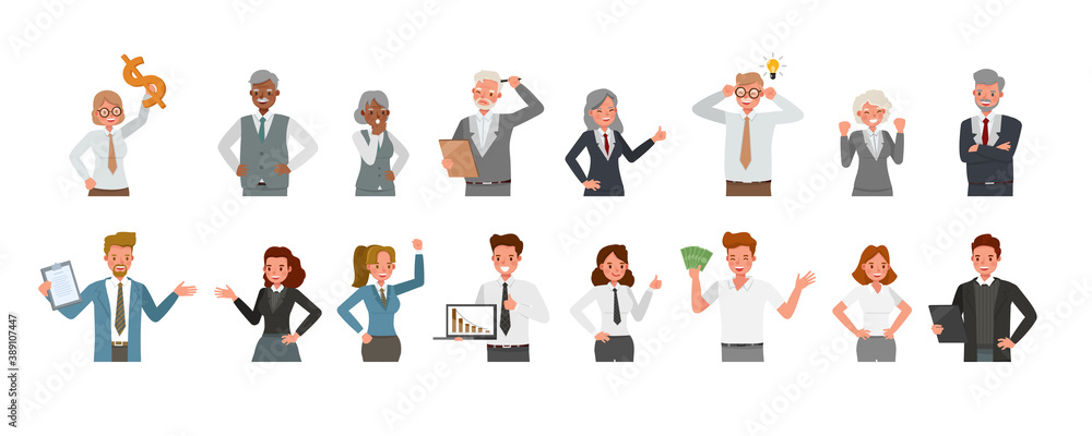 Set of business people group working character vector design presentation in various action. Presentation in various action with emotions, running, standing and walking Set of business people group working character vector design presentation in various action. Presentation in various action with emotions, running, standing and walking