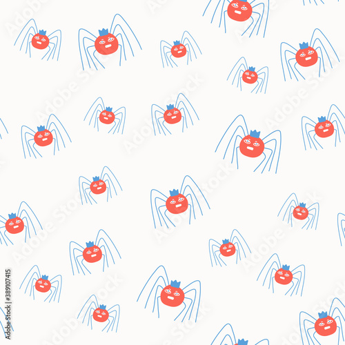Red blue spiders on white seamless background. Halloween party Hand drawn logo pattern for social media content