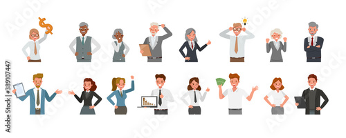 Set of business people group working character vector design presentation in various action. Presentation in various action with emotions, running, standing and walking