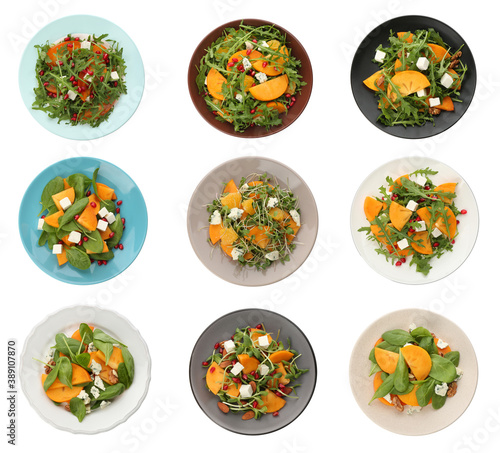 Set of tasty persimmon salads on white background, top view