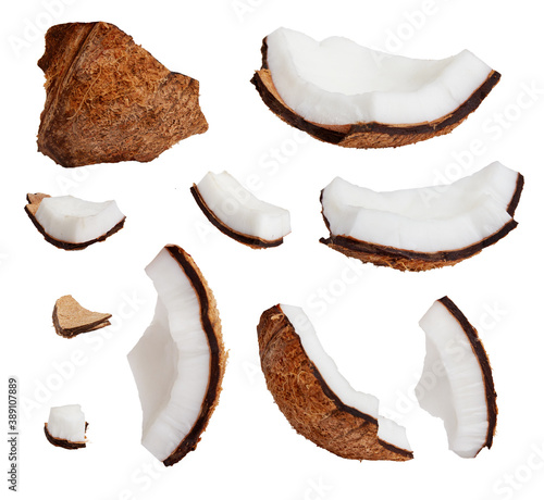 Pieces of coconut isolated on white background