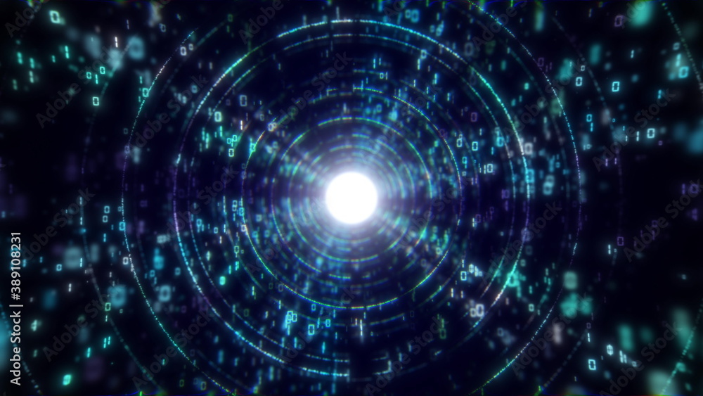 Abstract tunnel. Digital background, 3D rendering. Binary code particle network. Motion and communication technology background. Seamless loop animation. Abstract tunnel. Digital background, 3D rendering. Binary code particle network. Motion and communication technology background. Seamless loop animation.
