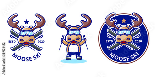 cartoon moose ski logo in winter