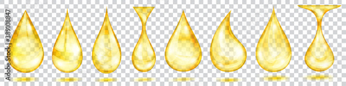 Set of translucent water drops in yellow colors in various shapes, isolated on transparent background. Transparency only in vector format