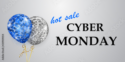 Cyber Monday sale banner with blue and silver balloons on white background. Vector illustration for posters, flyers or cards. © Olga Moonlight