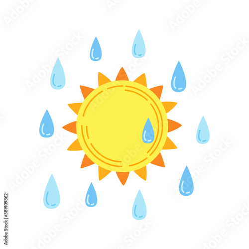 Sun with rain cartoon style. Abstract downpour, drop flat bad weather hand drawn symbol. Cute thunderstorm, bright nature weather element. Vector meteorological infographics