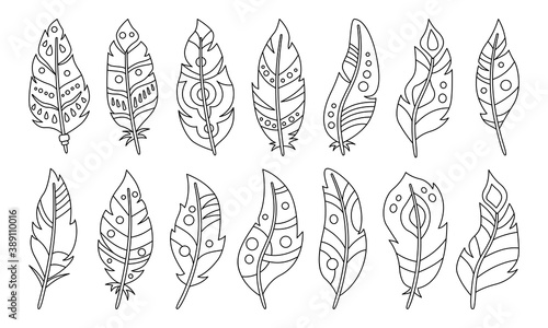 Boho feather black outline cartoon set. Line bird feathers pattern. Hand drawn tattoo design collection. Ethnic bohemian style, hipster, indian symbols. Black and white. Vector illustration