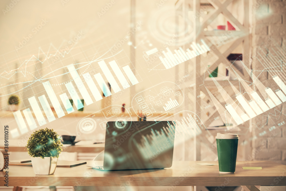 Double exposure of stock market graph drawing and office interior background. Concept of financial analysis. Double exposure of stock market graph drawing and office interior background. Concept of financial analysis.