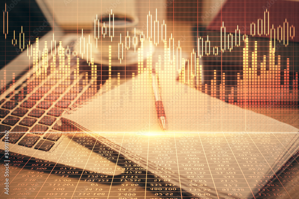 Double exposure of forex chart drawing and desktop with coffee and items on table background. Concept of financial market trading Double exposure of forex chart drawing and desktop with coffee and items on table background. Concept of financial market trading