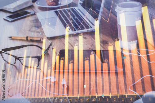 Double exposure of forex chart drawing and cell phone background. Concept of financial trading