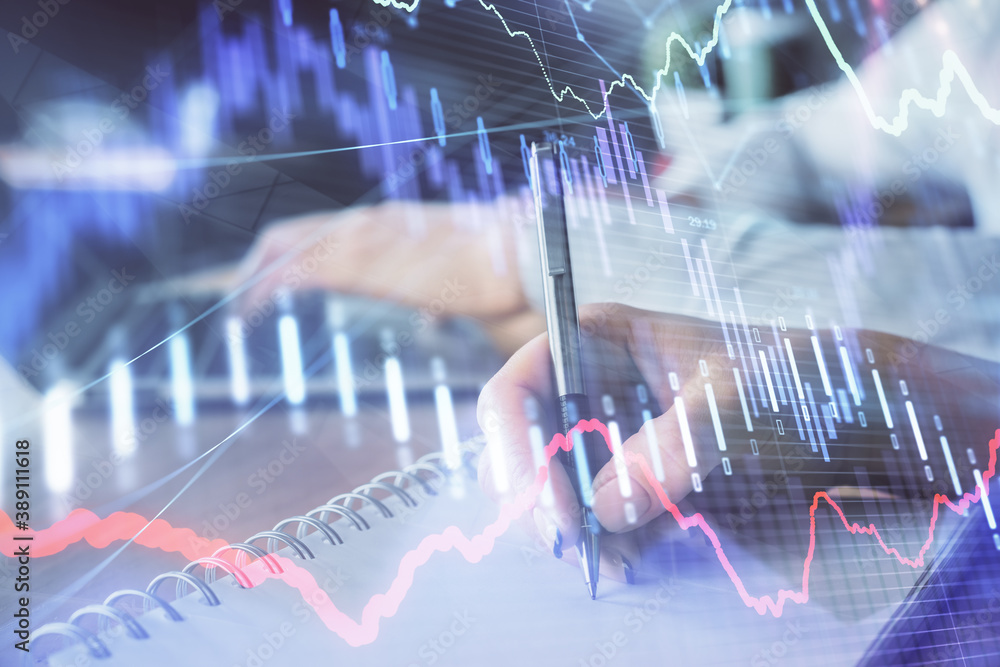 Double exposure of forex chart drawing over people taking notes background. Concept of financial analysis Double exposure of forex chart drawing over people taking notes background. Concept of financial analysis