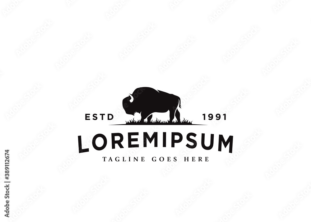 Naklejka premium Long-Haired Buffalo Logo Design. Bison Bull Buffalo Angus Silhouette Vintage Retro Logo, Buffalo Breeders Vector Illustration.