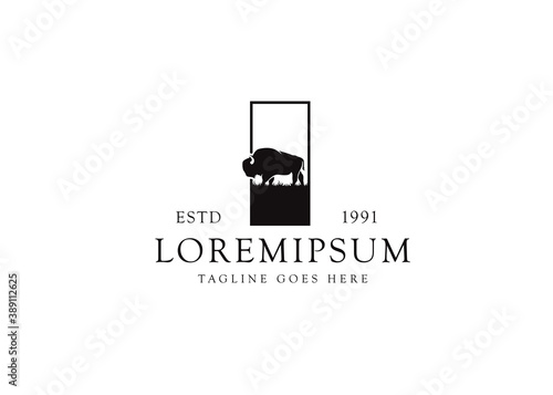 Long-Haired Buffalo Logo Icon. Buffalo Silhouette, Buffalo Breeders Vector Illustration.