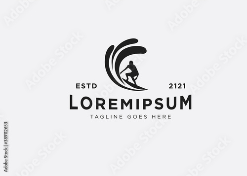Surfer Logo Design Inspiration. Surfboarder Vector Template. Illustration of a surfer on a wave.
