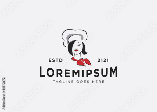Mom's cooking logo. illustration of mother with a fork and spoon. vector line icon template