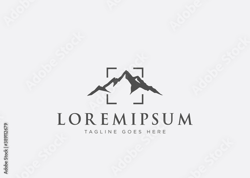 Mountain Nature Photography Photographer logo. Mountain Landscape Vector with Focus Square Lens Frame Vector for Design Template.
