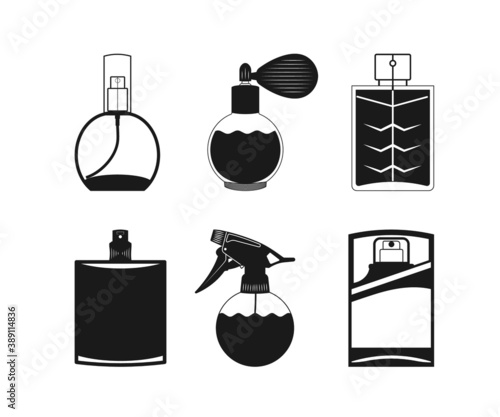 Perfume bottles, Perfume bottles icon, Set of different type of perfume bottles, Perfume bottles symbol, Perfume bottles Clipart  Perfume bottles design. Black vector illustration on white background.