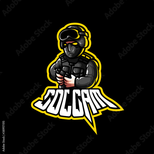 logo esport soldier angry expression holding joystick. logo vector caharacter soldier for gaming. theme Black color costume character.