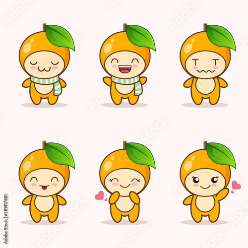 cute orange fruit mascot with various kinds of expressions set collection