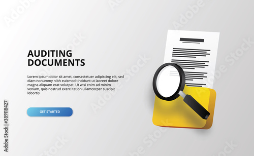 3d folder file document with magnifying glass for auditing and analysis investigating and business
