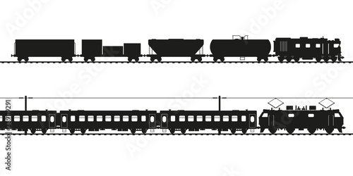 Freight train and passenger train black vector silhouette