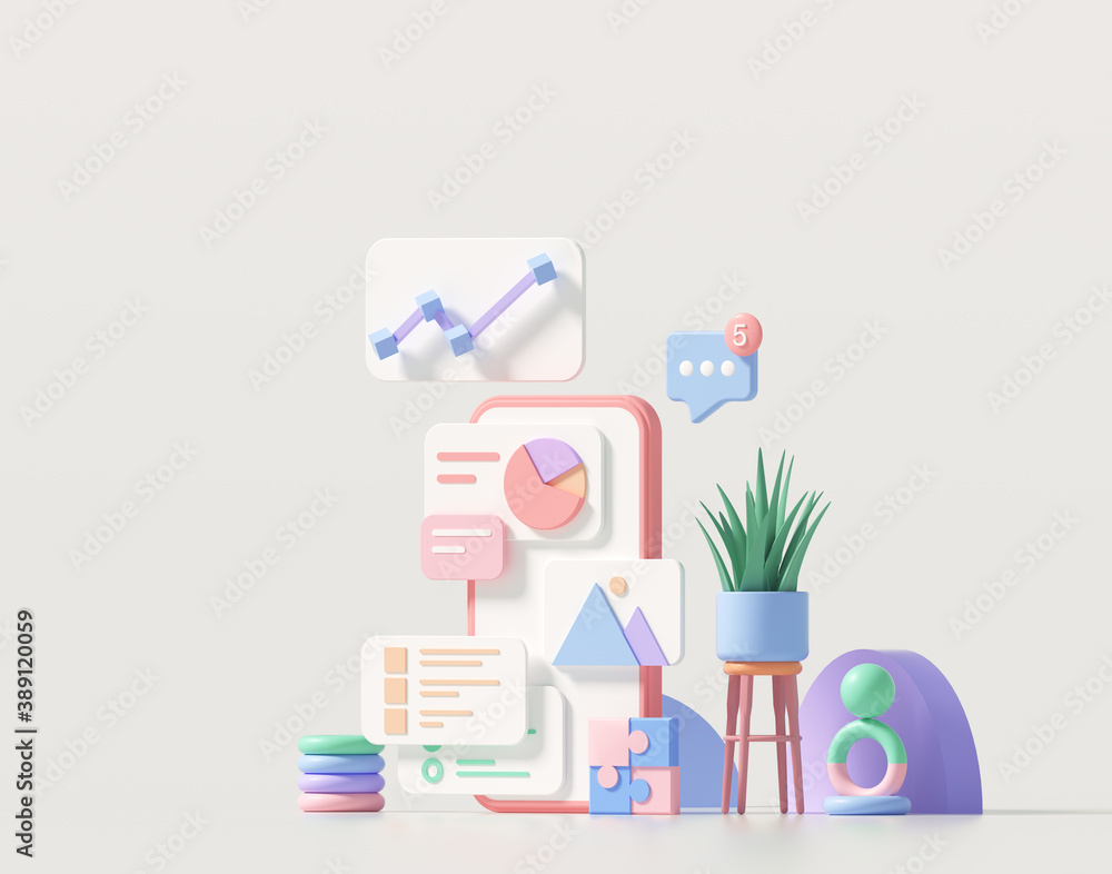 3D minimal mobile app development and mobile web design concept, user interface optimization. 3D render illustration 3D minimal mobile app development and mobile web design concept, user interface optimization. 3D render illustration