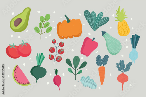 food vegetables and fruits fresh leaves seamless pattern