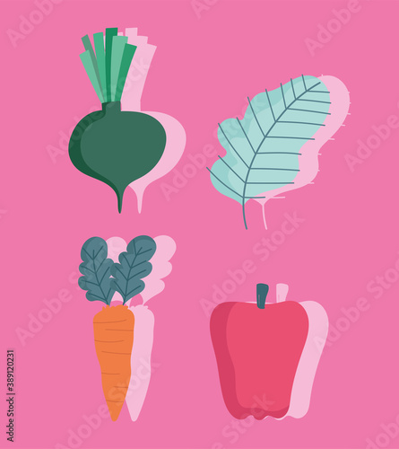 food set icons with shadow, radish lettuce pepper and carrot