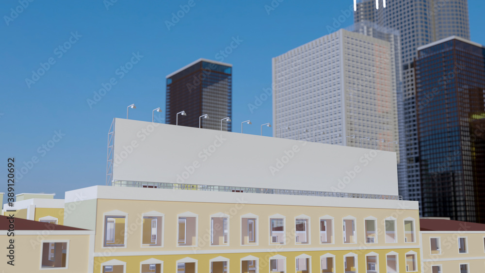 3D illustration outdoor rectangle billboard on rooftop of high building
